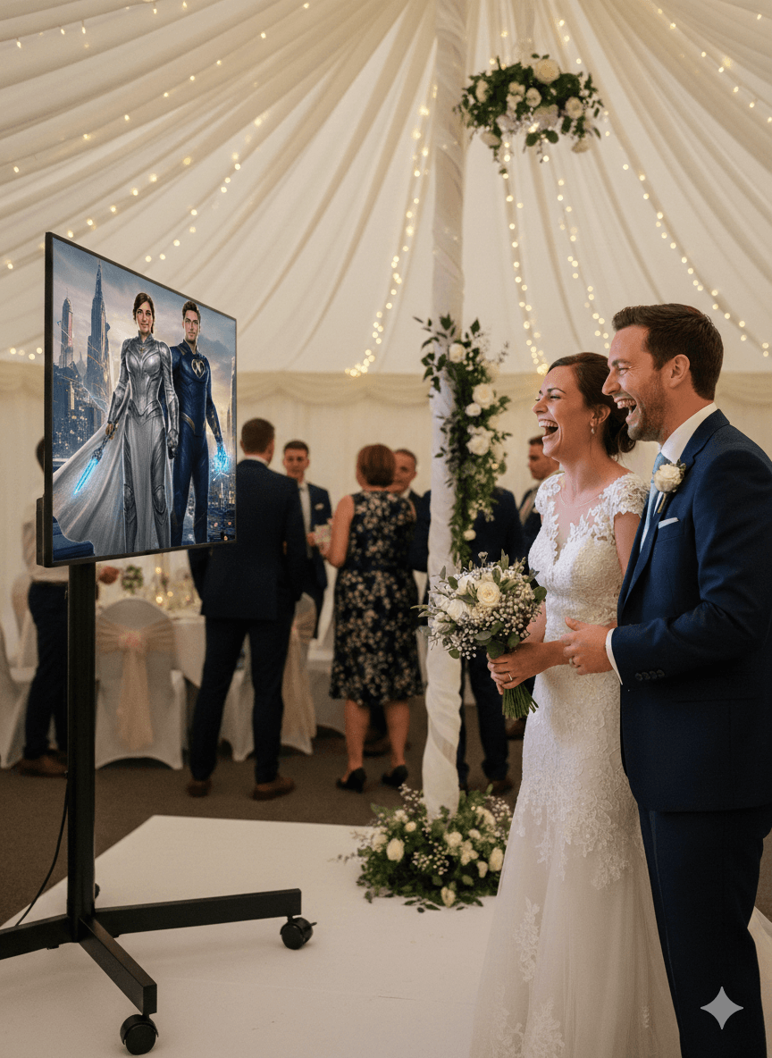 Wedding couple as superheroes